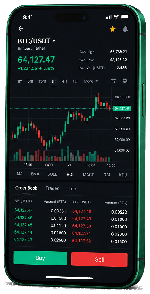 Interface mobile de trading ChainovaTrade — cours BTC/USDT en direct, carnet d’ordres et outils de surveillance des opérations